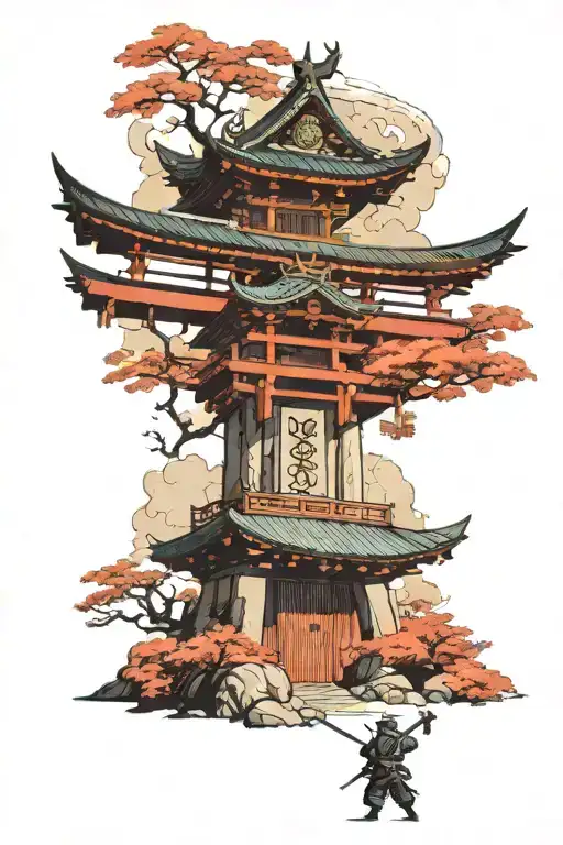 Torii Gate Of Top Of A Hill With A Samurai Standing In The Middle Of It