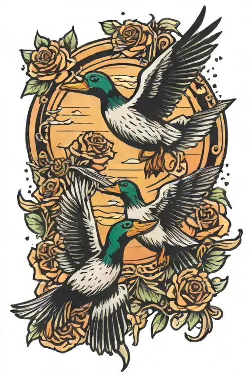 Money Falling Ducks Flying Into Sunset With Rose And Croww