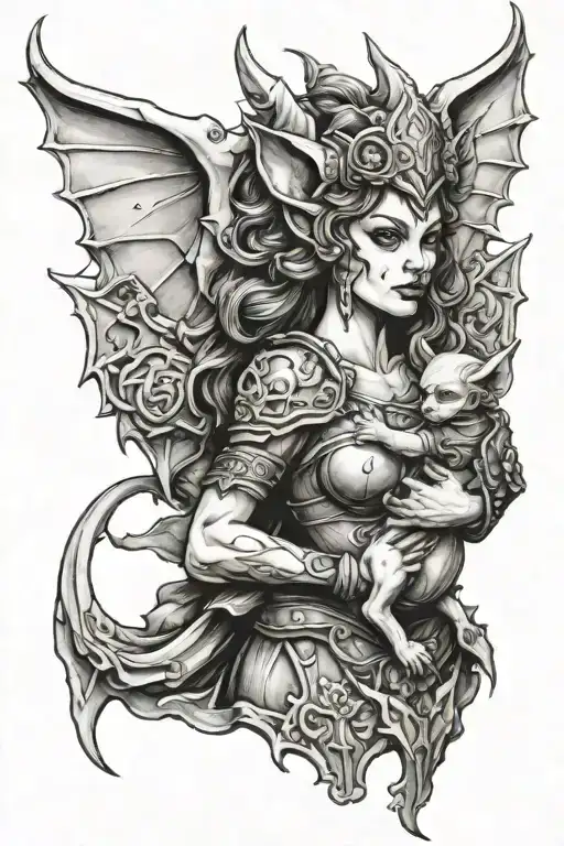 Female Gargoyle Warrior With Her Toddler