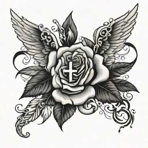 Rose With Wings And A Cross With Foot Step Prayer Written