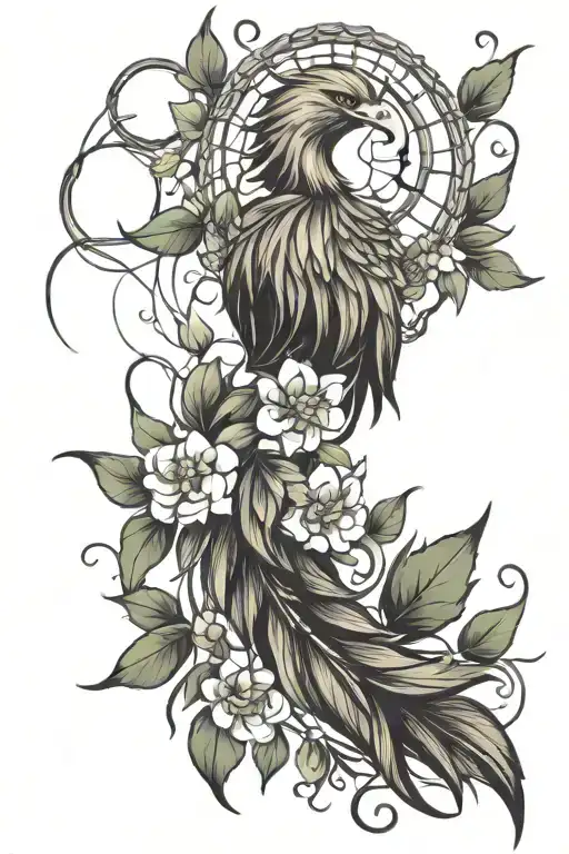 Floral Phoenix Tail Sketch Intertwined With Dream Catcher