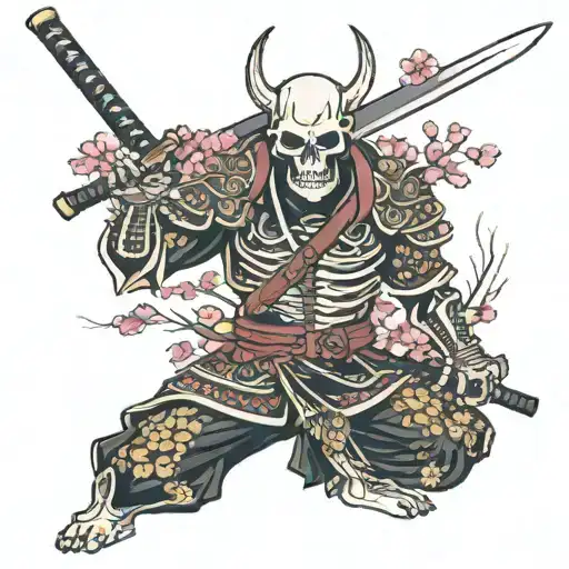 Skeleton Samurai With Sakura Pettals Arouns
