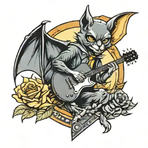 A Neotraditional Tattoo Of A Bat Playing A Guitar In A Music-themed Scene