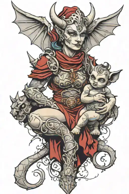 Female Gargoyle Warrior With Her Toddler