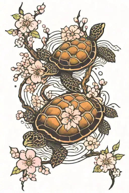Cherry Blossoms And Turtle Swimming Gracefully