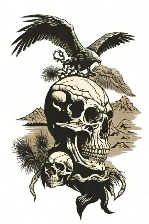 Joshua Tree With Mountains Bison Skull Feathers Eagle
