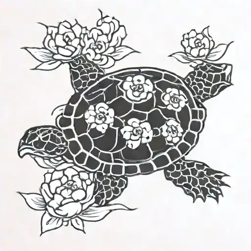 Cherry Blossoms And Turtle Swimming Gracefully