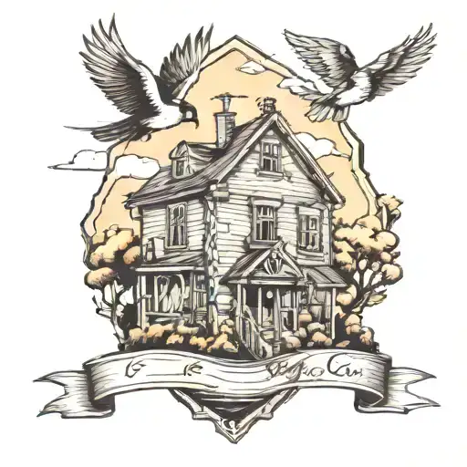 Street Sign And Houses Landscape With One Flying Bird