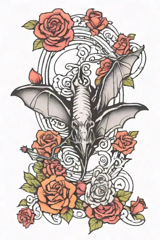 A Tatto With A Focus On A Bat With A Single Rose Intertwined With Hearts