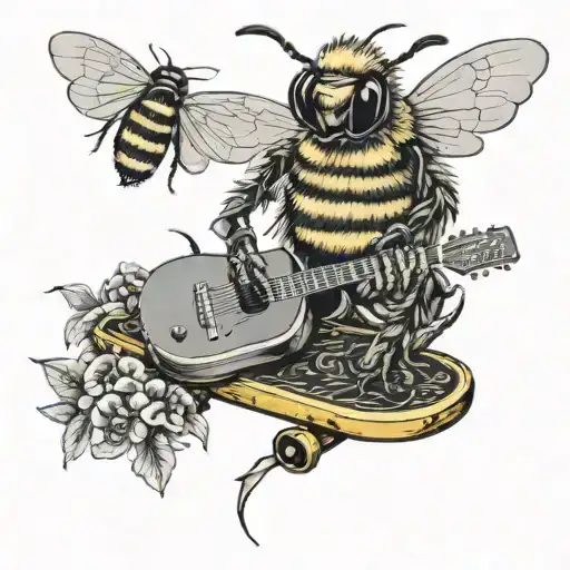 Bee Playing On Guitar Skateboard