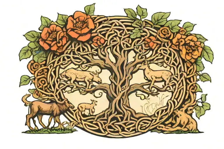 A Celtic Knotwork Tree With A Stag And Mushrooms Intertwined In The Design