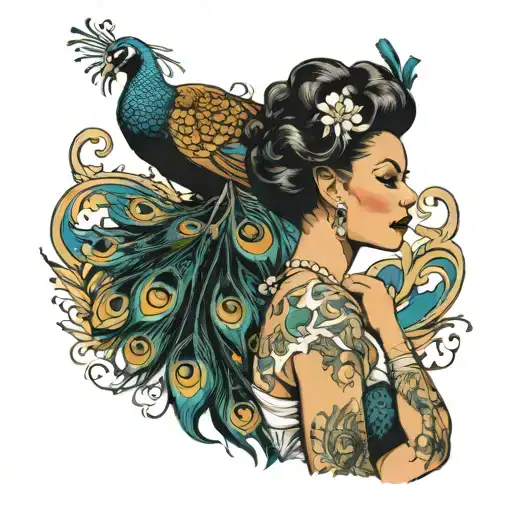 Black Pin-up Model With Regency Era Peacock