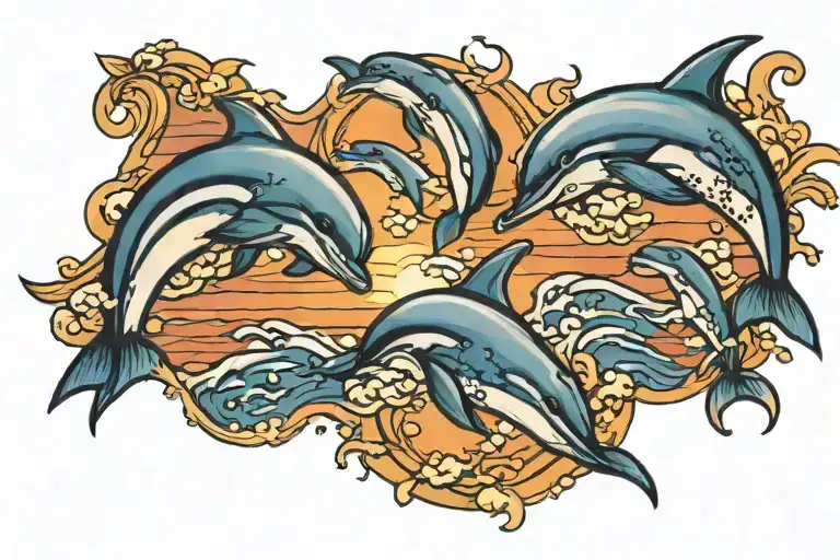 Dolphins Jumping In The Sunset Background