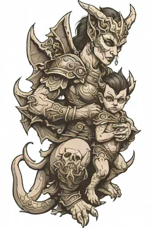 Female Gargoyle Warrior With Her Toddler