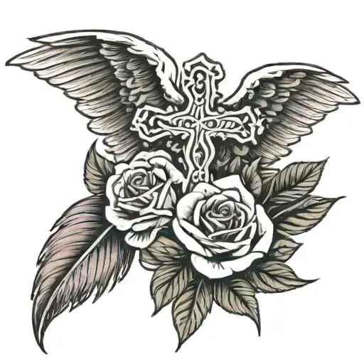 Rose With Wings And A Cross With Foot Step Prayer In The Cross