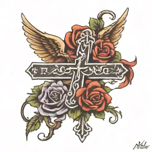 Rose With Wings And A Cross With Foot Step Prayer Written