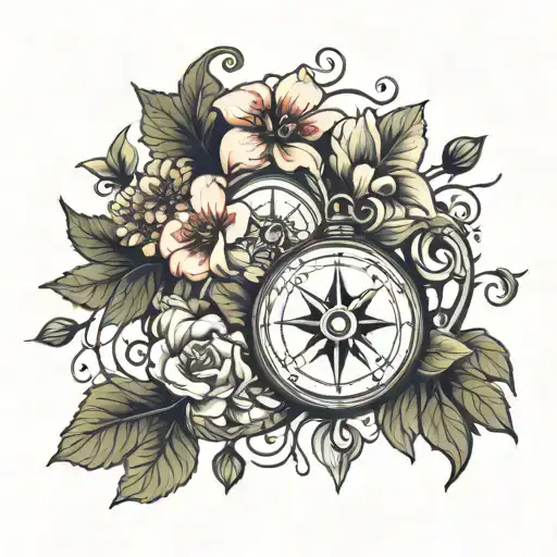 Flowers Vine Minimalist With Small Compass For Shoulder