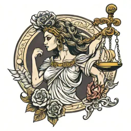 Lady Justice Traditional Tattoo With A Lion Head