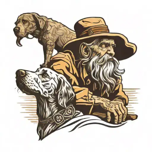 Old Man With Dog Looks At The Sea