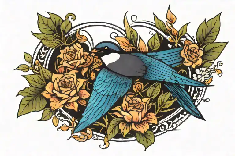 Colorful Modern Swallow Over Bed Of Plants Made Of Black Linework