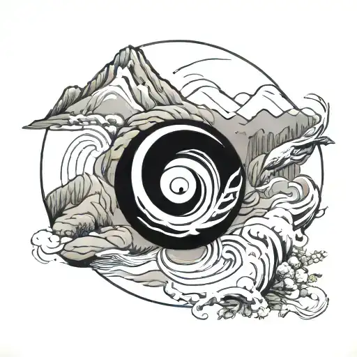 Karma Sign And Yin Yang With Mountain River Minimilistic Style