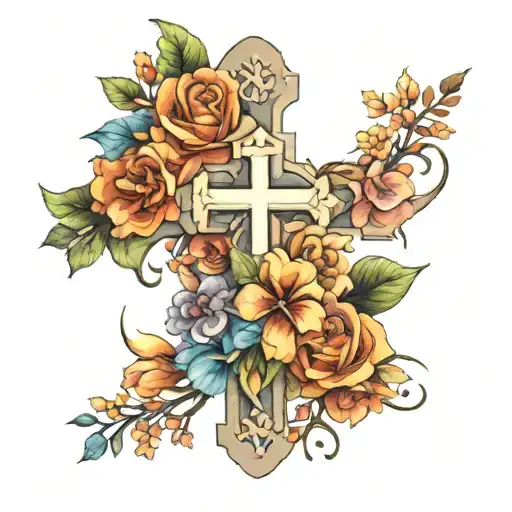 A Realistic Watercolor Bouquet Of Flowers Intertwined With A Cross Symbolizing Love And Family