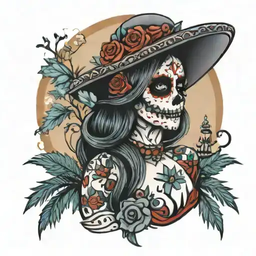 Day Of The Dead Catarina With Pine Tree Backdrop In Greyacale