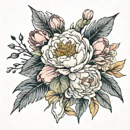 Watercolor Floral Bouquet With Peonies And A Negative Space Cross In The Center