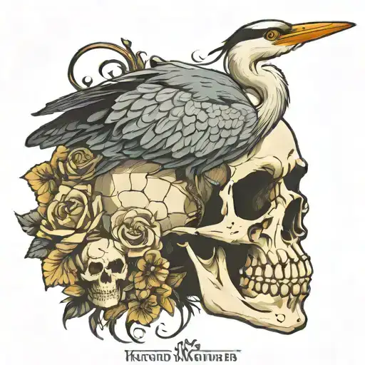 Heron Perched Atop A Human Skull