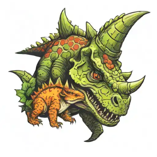 Carnotaurus Taking Care Of A Baby Triceratops