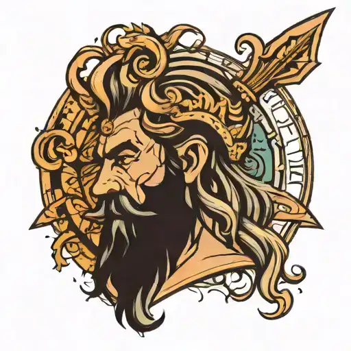 Poseidon Face With Trident And Compass Design