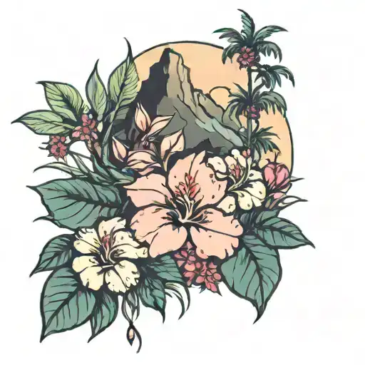 Rose Hibiscus Palm Tree Mountain