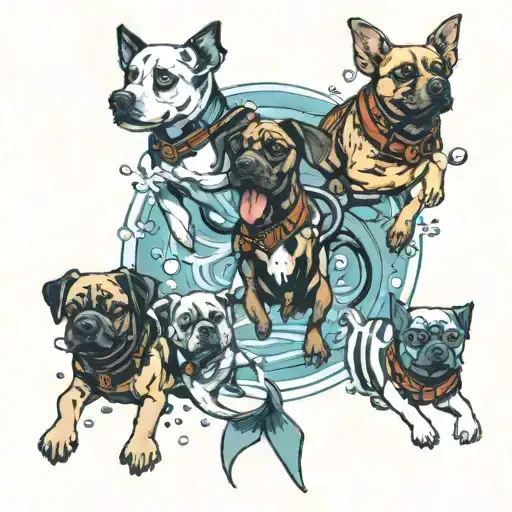 Five Dogs Underwater In Scuba Equipment Swimming With Pisces Fish