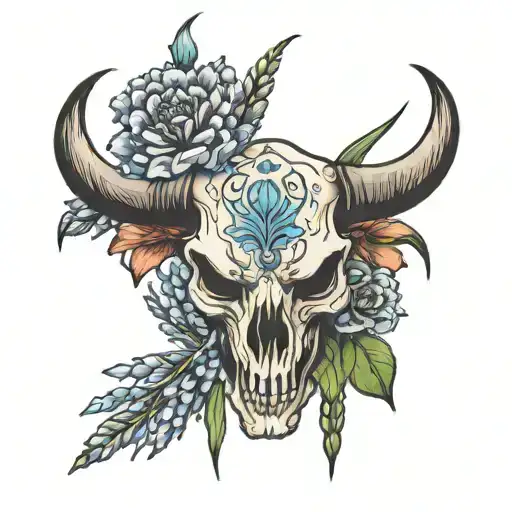Bull Skull With Hyacinth Flower And Cattail Flower