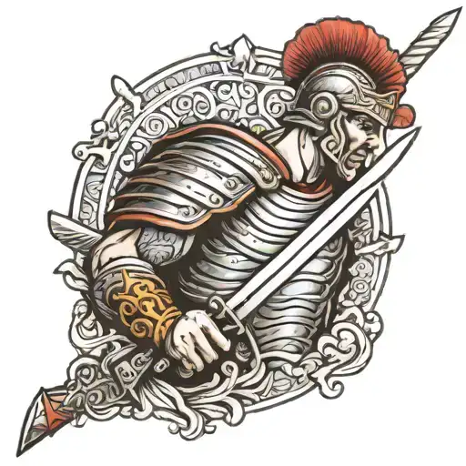 Roman Solider Holding A Sword And Roman Patteren