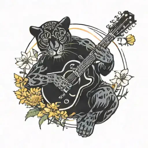 Surrounded By Dandelions There Is A Black Panther Playing A Football Shape Guitar
