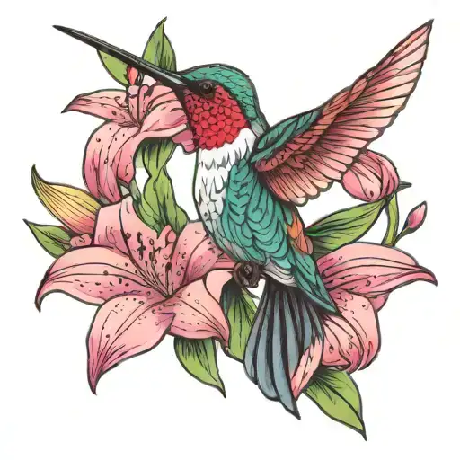 Colorful Hummingbird And Pink Lilly Flower