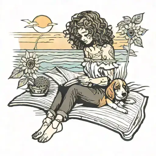 Beagle Sunflower Curly Hair Girl Reading Book On Sunset Beach