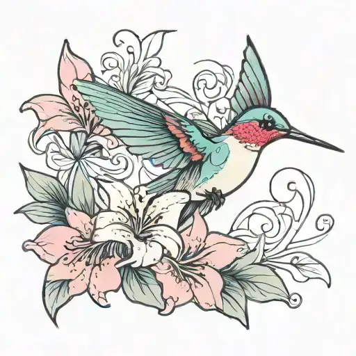 Girly Colorful Hummingbird With Elegant Pink Lily Flower