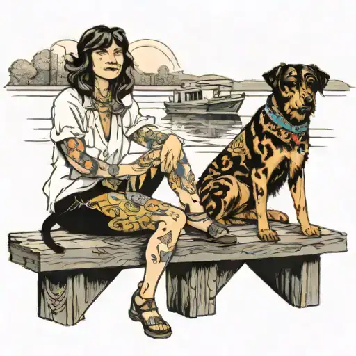 70S Woman On Dock With Dog Beside Her