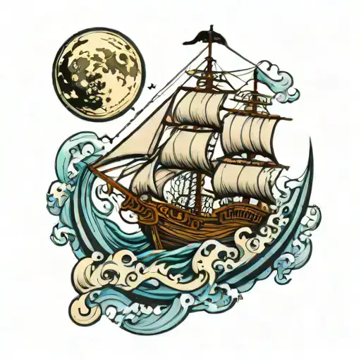Pirate Ship With Waves And A Compass And The Moon