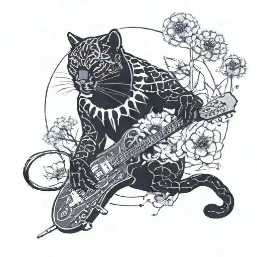 Surrounded By Dandelions There Is A Black Panther Playing A Football Shape Guitar