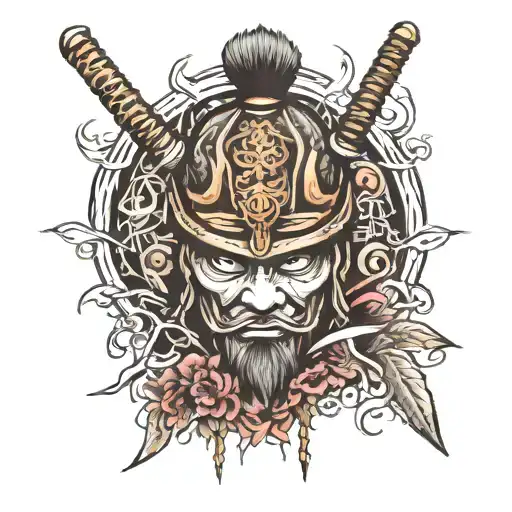 Tattoo Of A Samurai On The Background Of Demonic Eyes