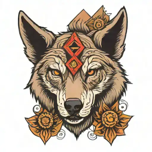 The Face Of A Wolf And In The Background There Is A Mountain And The Symbolism Of A Freemason