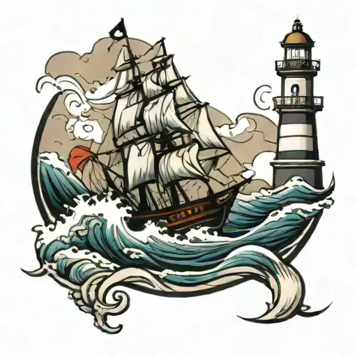 Ship In The Waves By A Lighthouse