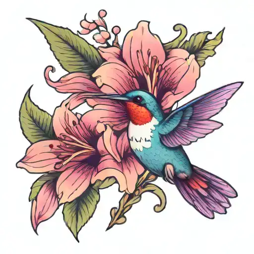 Purple Colorful Hummingbird With Feminine Pink Big Lily Flower