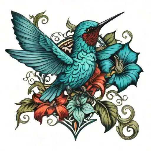 Blue And Teal Colorful Majestic Hummingbird With Masculine Black And Red Gothic Lily Flower