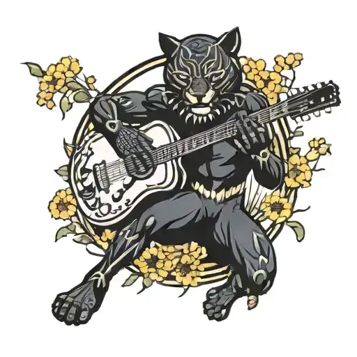 Surrounded By Dandelions There Is A Black Panther Playing A Football Shape Guitar