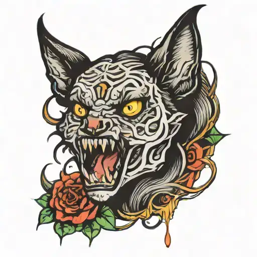 A Human Women's Face With Eight Eyes Like A Spider And An Open Mouth Showing Fangs Like A Wolf