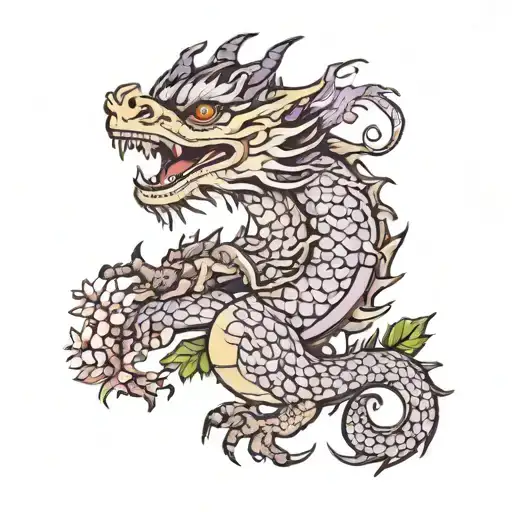 Chinese Zodiac Dragon With Raining Wisteria Flowers Behind It